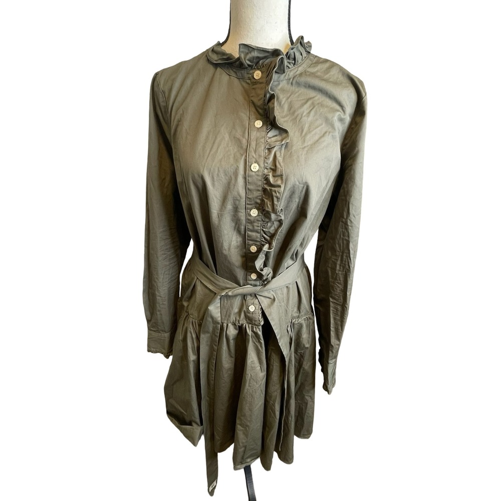 Kate Spade Broome Street Ruffle Trim Poplin Shirt Dress Sage Green 100% Cotton L